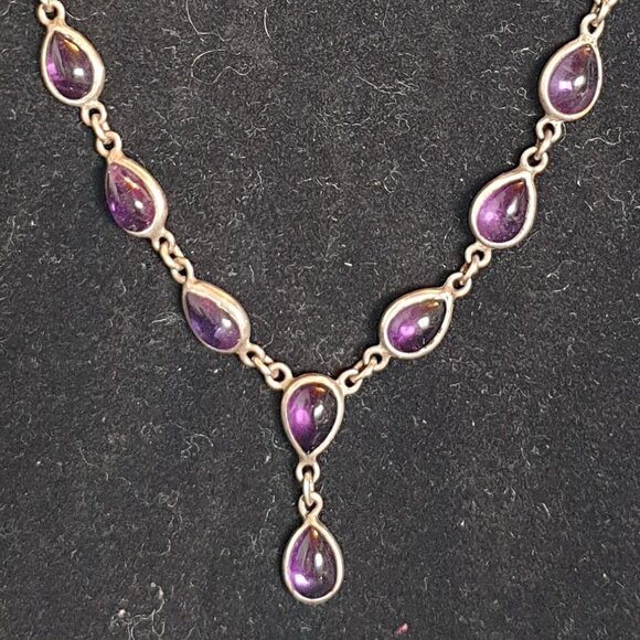 Vintage Victorian 10ct Natural Amethyst Cabochon 925 Sterling Silver Necklace - Picture 1 of 12